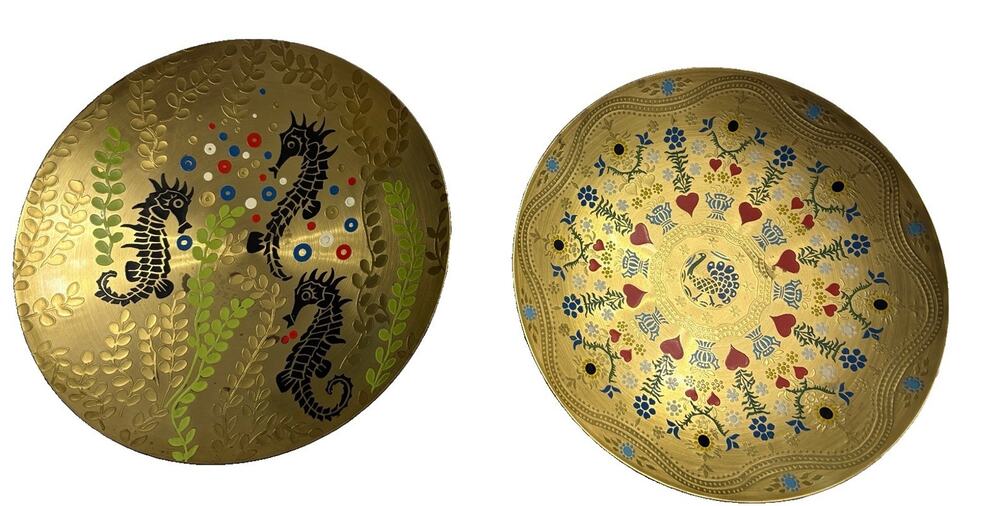 Set Of 2 Brass Enamel Austrian Decorative Dish 7.5” across